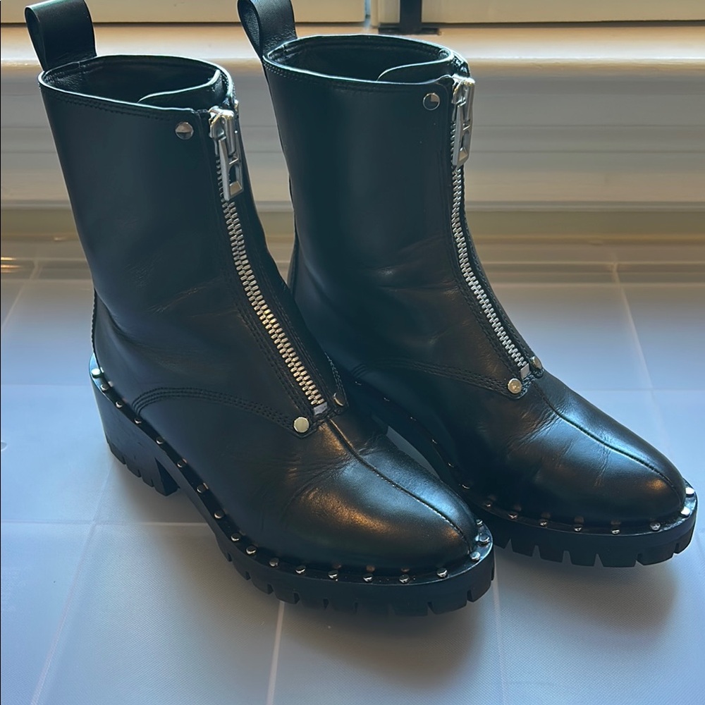 Philip Lim Black Leather Zip-Up Boots with studs